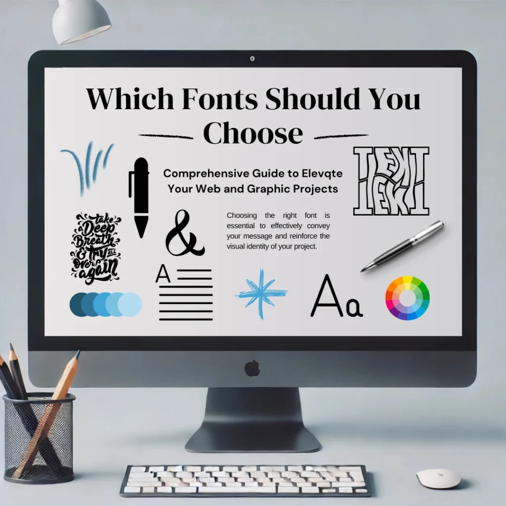 A computer screen displaying a presentation titled "Which Fonts to Choose," featuring illustrations and graphic elements such as handwritten fonts, writing icons, a color palette, lines of text, and an ampersand symbol (&). The content suggests a comprehensive guide to selecting fonts suitable for web and graphic design projects.