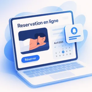 Ordinateur affichant un site de réservation en ligne pour un salon de massage, avec un calendrier visible daté d’avril 2025, un bouton “Réserver” et une illustration d’une femme allongée prête pour un massage.